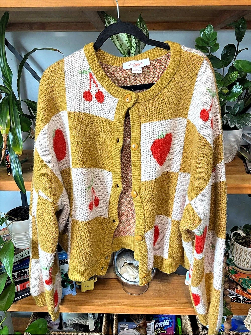 Lisa Says Gah Cherry Cardigan Color Block in Yellow & White - Picture 2 of 7